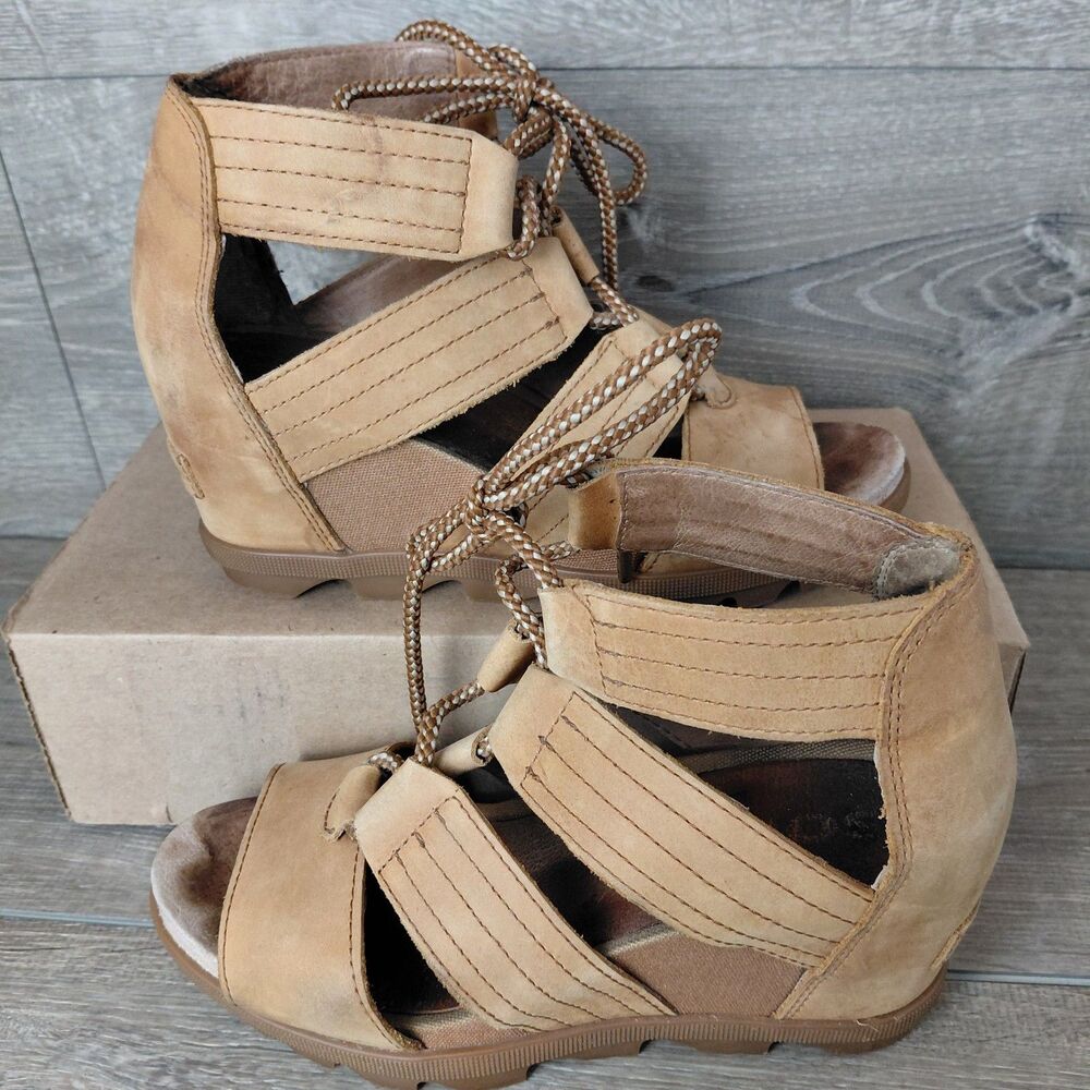 SOREL Sandals Womens 6.5 Tan Joanie II Leather Strappy Lace Up Wedge Heel Shoes
